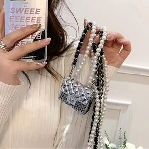 Silver Mini Crossbody Bag with Pearl & Chain Strap ✨